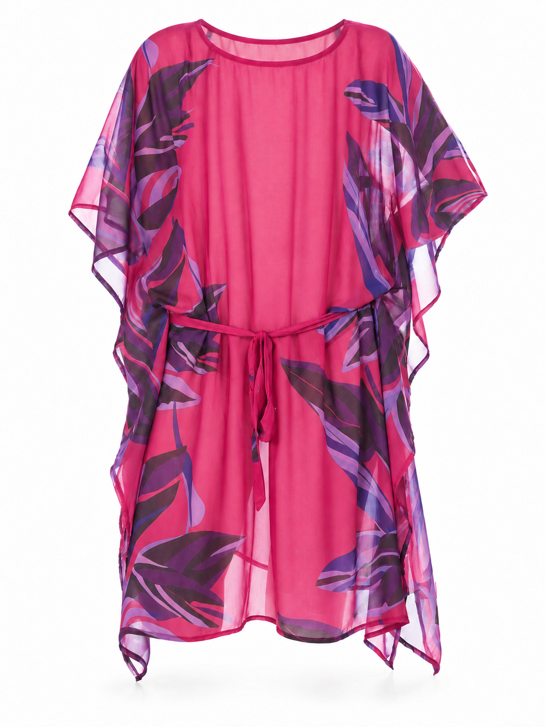 KIMONO RETTANGOLARE C/CINTURA CHIFFON STAMPA FIORE - FUXIA